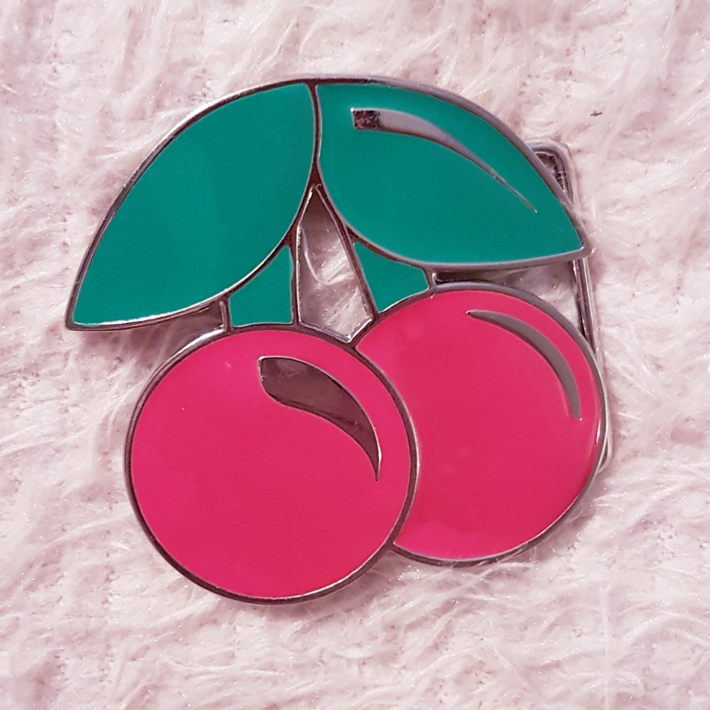 Lucky Cherries Belt Buckle Red and Green Cherry Pewter Metal Unisex